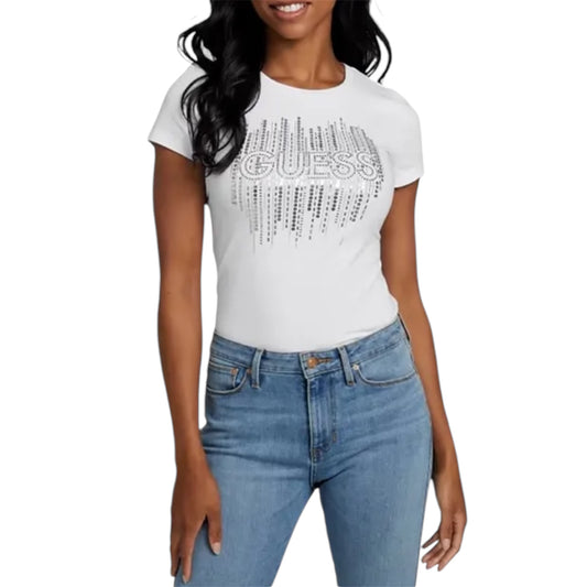 GUESS WHITE FRANCES T-SHIRT SEQUINS RHINESTONES SHORT SLEEVE